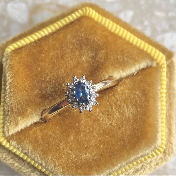 SOLD (Etsy) Light Blue Sapphire Diamond Halo Yellow Gold Ring - Picture 8 of 8